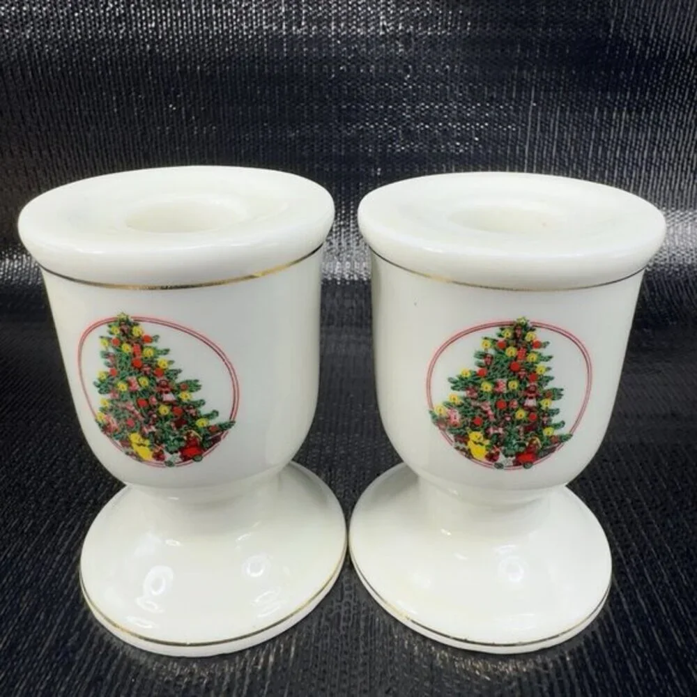 Vintage Japanese Porcelain Candle Stick Holder Set 2 Holiday Christmas Theme VTG